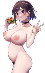 Rule 34 | 1girl, absurdres, black ribbon, breasts, brown hair, burger, choker, closed mouth, collarbone, colored inner hair, cowboy shot, female pubic hair, food, from side, hair ribbon, hands up, highres, karaage bou, large breasts, looking at viewer, multicolored hair, navel, nipples, nude, original, paid reward available, plump, pubic hair, purple eyes, purple hair, ribbon, short hair, simple background, single sidelock, smile, solo, swept bangs, translation request, w, white background