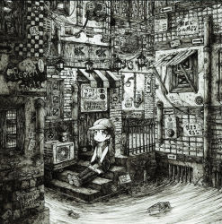 Rule 34 | 1girl, absurdres, arrow (symbol), backpack, bag, braid, greyscale, hat, highres, lantern, long hair, looking away, looking up, monochrome, original, outdoors, railing, sewer, shoes, sign, sitting, sneakers, solo, speech bubble, stairs, twin braids, usio ueda, water