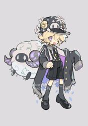 Rule 34 | 1boy, androgynous, animal hat, artist name, black coat, black footwear, black hat, black necktie, black shorts, black socks, blonde hair, coat, collared shirt, creature, fake horns, full body, grey background, grey shirt, hands up, hat, highres, horned headwear, horns, kneehighs, long sleeves, looking at viewer, male focus, mary janes, necktie, one eye closed, onotsuki w2, open mouth, original, purple eyes, sheep, shirt, shoes, short hair, shorts, simple background, socks, solo, standing, suspender shorts, suspenders, twitter username, two-sided coat, two-sided fabric