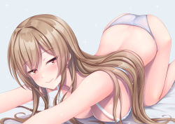 Rule 34 | 1girl, absurdres, all fours, ameato, ass, bare arms, bare back, blush, bra, breasts, brown hair, cleavage, closed mouth, furen e lustario, glint, grey background, hair over one eye, highres, large breasts, lips, nijisanji, on bed, panties, red eyes, sidelocks, smile, solo, stretching, swept bangs, thighs, underwear, underwear only, virtual youtuber, white bra, white panties