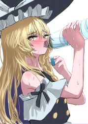 Rule 34 | 1girl, bare shoulders, black hat, black vest, blonde hair, blush, bottle, bow, braid, commentary request, drinking, frilled hat, frills, furrowed brow, hat, hat bow, highres, holding, holding bottle, kirisame marisa, long hair, looking at viewer, mikan (manmarumikan), off-shoulder shirt, off shoulder, shirt, simple background, single braid, sleeve bow, solo, sweat, touhou, upper body, vest, water, water bottle, white background, white bow, white shirt, witch hat, yellow eyes