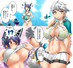 Rule 34 | 10s, 3girls, akatsuki (kancolle), alternate costume, bikini, blush, braid, breasts, character name, cleavage cutout, clothes pull, clothes writing, clothing cutout, cloud, cloud print, crop top, day, deshima shin, fourth wall, headgear, jitome, kantai collection, large breasts, looking at another, midriff, multiple girls, one-piece swimsuit pull, open mouth, orange eyes, outdoors, purple hair, revealing clothes, single braid, sky, smile, swimsuit, tenryuu (kancolle), translation request, unryuu (kancolle), white bikini