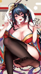 Rule 34 | 1girl, :d, ahoge, azur lane, bare shoulders, black hair, black thighhighs, blush, body writing, breasts, calligraphy brush, cleavage, commentary request, convenient leg, drawing on own face, facial mark, feet out of frame, grey background, hair between eyes, hair ribbon, hands up, head tilt, highres, holding, holding brush, japanese clothes, kimono, large breasts, long hair, long sleeves, looking at viewer, mask, mask on head, mirei, new year, no shoes, off shoulder, open mouth, paintbrush, red eyes, red kimono, red ribbon, ribbon, sidelocks, smile, solo, taihou (azur lane), thighhighs, thighs, twintails, wide sleeves