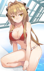 Rule 34 | 10s, 1girl, amagi brilliant park, antenna hair, bare shoulders, breasts, brown eyes, brown hair, cleavage, collarbone, hair intakes, kibamigohann, large breasts, looking away, navel, o-ring, o-ring bottom, o-ring top, ponytail, pool, red eyes, rei no pool, sento isuzu, solo, swimsuit, wet