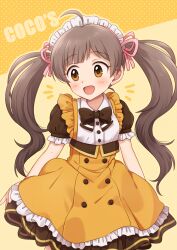 Rule 34 | 1girl, ahoge, apron, blush, bow, bowtie, breasts, brown bow, brown bowtie, brown eyes, brown hair, brown skirt, coco&#039;s, frilled apron, frills, hair bow, hair ribbon, hakozaki serika, halftone, hiiringu, idolmaster, idolmaster million live!, idolmaster million live! theater days, long hair, looking at another, open mouth, pink ribbon, ribbon, short sleeves, simple background, skirt, small breasts, smile, solo, twintails, two-tone shirt, very long hair, white headdress, yellow apron, yellow background