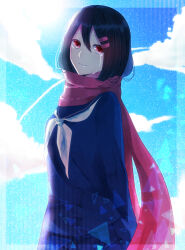 Rule 34 | 1girl, arms behind back, backlighting, bad id, bad pixiv id, black hair, blue sailor collar, blue serafuku, blue skirt, blue sky, closed mouth, cloud, commentary, contrail, crying, crying with eyes open, day, double-parted bangs, enpera, false smile, framed, gradient sky, hair ornament, hairclip, kagerou project, long sleeves, looking at viewer, mekakucity actors, melusine1005, neckerchief, pleated skirt, red eyes, red scarf, sailor collar, scarf, school uniform, serafuku, shards, skirt, sky, smile, solo, striped, tateyama ayano, tearing up, tears, tears from one eye, triangle, vertical stripes, white neckerchief