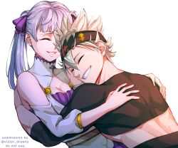 1boy 1girl artist_name asta_(black_clover) black_bulls_(emblem) black_clover breasts cleavage closed_eyes collared_dress commentary commission crop_top dress elbow_gloves english_commentary eyelashes foot_out_of_frame gloves grey_hair hair_ornament hair_ribbon happy headband hetero highres hug long_hair medium_hair muscular muscular_male noelle_silva ribbon short_hair simple_background smile spiked_hair teeth tight_clothes twintails twitter_username upper_body victor_drawnz white_background