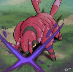 Rule 34 | animal focus, ayuyu lament, blurry, bug, commentary request, creatures (company), game freak, gen 5 pokemon, grass, highres, nintendo, no humans, pokemon, pokemon (creature), scolipede, signature, solo, standing, yellow eyes
