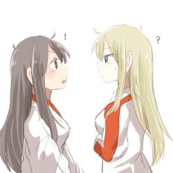 Rule 34 | !, 10s, 2girls, ?, akagi (kancolle), black hair, blonde hair, blue eyes, blush, brown eyes, commentary request, face-to-face, from side, graf zeppelin (kancolle), hair down, kantai collection, long hair, looking at another, lowres, multiple girls, no headwear, no headwear, open mouth, rebecca (keinelove), sidelocks, sweat, upper body