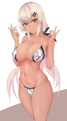 Rule 34 | 1girl, absurdres, bare arms, bare shoulders, bikini, breasts, character name, cleavage, collarbone, commentary request, dark-skinned female, dark skin, artistic error, extra digits, franz (217franz), girls&#039; frontline, groin, hair ornament, hairclip, halterneck, halterneck, hands up, highres, large breasts, long hair, looking at viewer, m590 (girls&#039; frontline), navel, parted lips, skindentation, solo, stomach, strap gap, swimsuit, thighs, very long hair, white bikini, white hair, yellow eyes