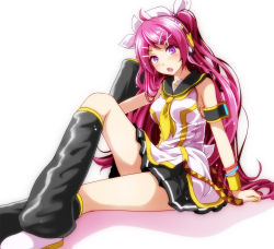 Rule 34 | 1girl, armband, black skirt, detached sleeves, hair ribbon, headset, leg warmers, megurine luka, open mouth, pink eyes, pink hair, pleated skirt, ponytail, project diva (series), ribbon, rin-chan now! (vocaloid), shirt, skirt, sleeveless, sleeveless shirt, tsukishiro saika, vocaloid, white shirt