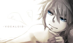 Rule 34 | 1boy, blue eyes, grey theme, kagamine len, looking back, male focus, mukkun, nude, ponytail, smile, solo, vocaloid, white background, wings