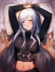 Rule 34 | 1girl, 1other, 3 small spiders, absurdres, ak-12 (girls&#039; frontline), anger vein, arms up, black shirt, blush, breasts, closed mouth, commentary request, crop top, fingernails, girls&#039; frontline, half-closed eyes, highres, large breasts, long hair, long sleeves, looking at viewer, lying, midriff, navel, on back, pillow, pov, pov hands, red eyes, shirt, solo focus, steaming body, sweat, turtleneck, upper body