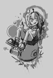 Rule 34 | 1girl, :d, absurdres, aircraft, amano pikamee, black hairband, black shorts, commentary, falkpaints, grey background, greyscale, hair between eyes, hairband, helmet, highres, kettle, knees up, looking at viewer, monochrome, open mouth, shirt, short hair, shorts, sitting, sketch, smile, solo, spacecraft, virtual youtuber, voms, white shirt