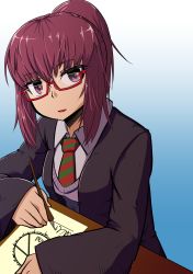 Rule 34 | 1girl, absurdres, aged down, collared shirt, commentary request, glasses, highres, long sleeves, looking at viewer, mon-musu quest!, mon-musu quest: paradox, necktie, nipporicha-han, ponytail, promestein, shirt, solo, sweater vest, writing