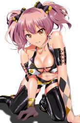 Rule 34 | 10s, 1girl, bangle, black footwear, black thighhighs, blush, boots, bow, bracelet, breasts, choker, cleavage, crop top, cross-laced footwear, earrings, grin, hair bow, idolmaster, idolmaster cinderella girls, jewelry, jougasaki mika, lace-up boots, long hair, looking at viewer, midriff, navel, no socks, nonohachi, peace symbol, pink hair, shadow, shiny skin, skindentation, smile, solo, thigh boots, thighhighs, twintails, yellow eyes