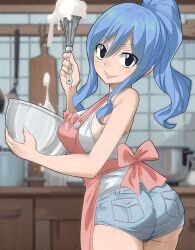 1girl ass blue_hair cooking fairy_tail gaston18 highres juvia_lockser looking_at_viewer ponytail short_shorts shorts smile solo tagme