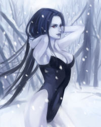 Rule 34 | 1990s (style), 1girl, arms up, bare shoulders, blue hair, blue lips, blue skin, breasts, cleavage, colored skin, female focus, final fantasy, final fantasy vii, forest, kareji, leotard, long hair, lowres, monochrome, nature, outdoors, red eyes, snow, snow (ff7), solo, tree, very long hair
