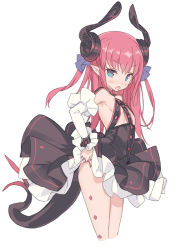 Rule 34 | 10s, 1girl, ass, bare shoulders, blade (galaxist), blue eyes, blush, clothes lift, cropped legs, detached sleeves, dragon horns, dragon tail, dress, dress lift, elizabeth bathory (fate), elizabeth bathory (fate/extra ccc), elizabeth bathory (first ascension) (fate), fang, fate/extra, fate/extra ccc, fate/grand order, fate (series), flat chest, hair ribbon, horns, long hair, looking at viewer, open mouth, panties, pink hair, pointy ears, ribbon, simple background, solo, striped clothes, striped panties, tail, underwear, white background, wrist cuffs