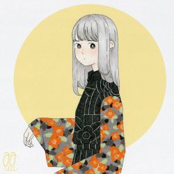 Rule 34 | 1girl, awai880, black eyes, blush, bright pupils, circle, earrings, expressionless, from side, grey hair, jewelry, long hair, long sleeves, looking at viewer, original, solo, upper body, white pupils, wide sleeves