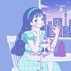 Rule 34 | 1girl, absurdres, berry, black hair, blue eyes, chair, city, collared dress, crescent moon, dress, flat color, food, food on face, frilled sleeves, frills, hairband, half-closed eyes, hand on own cheek, hand on own face, head rest, highres, holding, holding spoon, ice cream, long hair, moon, night, on chair, original, plaid, plaid dress, short sleeves, sitting, sky, solo, spoon, star (sky), starry sky, string, stuffed animal, stuffed toy, sunset, teddy bear, utensil in mouth, very long hair, w, wafer, wavy hair, window, yoshimon