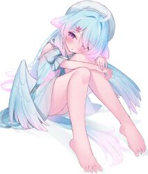 Rule 34 | 1girl, ahoge, barefoot, beret, blue dress, blue hair, blue hat, blush, commission, dress, eip (pepai), feathered wings, hair ornament, hairclip, hat, head tilt, highres, long hair, looking at viewer, multicolored hair, open mouth, original, purple eyes, purple hair, simple background, sitting, skeb commission, solo, swept bangs, thighs, white background, wings