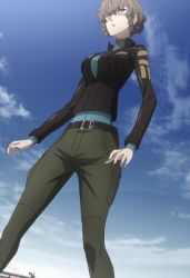 Rule 34 | 1girl, absurdres, amane suzuha, braid, breasts, brown hair, highres, jacket, long hair, open mouth, outdoors, pants, screencap, sky, solo, steins;gate, steins;gate 0, stitched, third-party edit, twin braids, yellow eyes