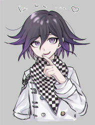 Rule 34 | 1boy, black hair, buttons, checkered clothes, checkered scarf, cropped torso, danganronpa (series), danganronpa v3: killing harmony, double-breasted, grey background, grey jacket, hair between eyes, highres, index finger raised, jacket, long sleeves, male focus, multicolored hair, open mouth, oma kokichi, pink eyes, pink hair, scarf, seishideriumu, simple background, smile, solo, two-tone hair, unmoving pattern, upper body