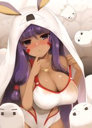 Rule 34 | &lt;o&gt; &lt;o&gt;, 1girl, animal ears, blush, breasts, cleavage, clothes pull, competition swimsuit, cosplay, dark-skinned female, dark skin, facepaint, fate/grand order, fate (series), jackal ears, jewelry, kujiran, large breasts, long hair, looking at viewer, medjed (fate), medjed (fate) (cosplay), necklace, nitocris (fate), nitocris (fate/grand order), nitocris (swimsuit assassin) (fate), nitocris (swimsuit assassin) (second ascension) (fate), one-piece swimsuit, one-piece swimsuit pull, purple eyes, purple hair, sidelocks, solo, sweat, swimsuit, tears