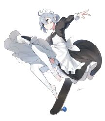 Rule 34 | 1girl, apron, black dress, commentary, dasdokter, dress, english commentary, frilled dress, frills, full body, grey hair, highres, jumping, long sleeves, maid, maid apron, maid headdress, no shoes, original, outstretched arms, short hair, simple background, skateboard, solo, thighhighs, toeless legwear, white apron, white background, white thighhighs