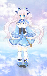 Rule 34 | 1girl, blue bow, blue bowtie, blue capelet, blue choker, blue dress, blue eyes, blue footwear, blue sky, bow, bowtie, breasts, capelet, choker, cleavage, closed mouth, cloud, cloudy sky, corset, dress, eyes visible through hair, fingernails, floral print, full body, fur-trimmed capelet, fur-trimmed corset, fur-trimmed dress, fur-trimmed footwear, fur-trimmed sleeves, fur trim, gradient sky, grey corset, grey footwear, hair bow, heart, heart print, highres, kneehighs, long hair, looking at viewer, mabinogi, medium breasts, multicolored sky, multiple hair bows, nao (mabinogi), pigeon-toed, print dress, purple sky, reflection, reflective water, ribbon-trimmed dress, ribbon trim, salt flats, shararan, single horizontal stripe, sky, sleeves past wrists, smile, socks, solo, sparkle, standing, straight-on, twintails, two-tone dress, two-tone footwear, very long hair, white dress, white hair, white socks