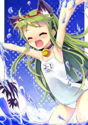 Rule 34 | 1girl, animal ears, bad id, bad pixiv id, blush, cat ears, child, closed eyes, eyewear on head, fang, flat chest, glasses, green hair, happy, highres, long hair, ocean, one-piece swimsuit, original, osa (osaosa), palm tree, playing, school swimsuit, solo, splashing, swimsuit, tail, tree, water, white school swimsuit, white one-piece swimsuit