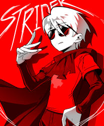 Rule 34 | 1boy, absurdres, ahoge, cape, colored skin, cowboy shot, dave strider, god tier (homestuck), hand up, highres, homestuck, layered sleeves, long sleeves, maengnyeom, male focus, pants, parted lips, red background, red cape, red pants, red shirt, shirt, short over long sleeves, short sleeves, solo, sunglasses, white hair, white skin