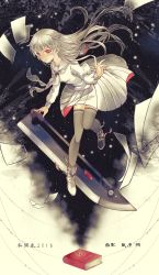 Rule 34 | 1girl, albino, black thighhighs, blade, book, closed mouth, commentary request, floating, floating hair, long hair, looking down, miko natsume, original, papers, pleated skirt, red eyes, sailor collar, sailor shirt, shirt, skirt, smile, solo, thighhighs, very long hair, white footwear, white hair, white skirt, wind, wind lift