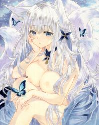 Rule 34 | 1girl, absurdres, animal ear fluff, animal ears, azur lane, blue eyes, blush, breasts, bug, butterfly, censored, unworn clothes, commentary, detached collar, expressionless, eyelashes, feet out of frame, fox ears, fox girl, fox tail, hair between eyes, hand on own chin, head rest, highres, insect, kisarush, kitsune, kyuubi, large breasts, long hair, looking at viewer, marker (medium), mosaic censoring, multiple tails, nipples, nude, parted lips, shinano (azur lane), signature, silver hair, sitting, solo, tail, traditional media
