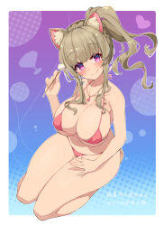 1girl absurdres animal_ear_fluff animal_ears armpits barefoot beckoning bikini blonde_hair blush breasts cat_ears cleavage ear_cleaning eyebrows_hidden_by_hair fukukita_lipo full_body highres indie_virtual_youtuber jewelry lap_pillow_invitation large_breasts long_hair looking_at_viewer mefuchan micro_bikini navel pendant pink_bikini ponytail purple_eyes seiza shadow sitting smile solo swimsuit virtual_youtuber