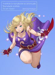 Rule 34 | 1girl, belt, blonde hair, breasts, cleavage, dress, fingerless gloves, gloves, gold bracelet, green eyes, highres, jenet behrn, large breasts, long hair, purple dress, snk, the king of fighters, the king of fighters xv, thigh strap