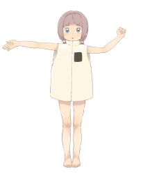 Rule 34 | 1girl, :o, bare legs, barefoot, blue eyes, blush, character request, copyright request, feet, female focus, full body, hair intakes, highres, looking at viewer, outstretched arms, purple hair, satsuyo, simple background, sleeveless, solo, spread arms, standing, toes, twintails, white background