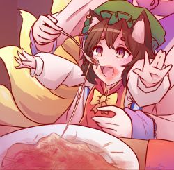 Rule 34 | 2girls, animal ear fluff, animal ears, bacun, cat ears, chen, child, feeding, food, fork, fox tail, highres, kitsune, meme, messy, multiple girls, multiple tails, outstretched arms, parody, pasta, plate, spaghetti, stain, tail, touhou, yakumo ran