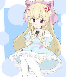 Rule 34 | 1girl, :t, absurdres, anger vein, animal ear headphones, animal ears, blonde hair, blue choker, blue dress, blush stickers, cat ear headphones, choker, closed mouth, collarbone, copyright request, dress, fake animal ears, feet out of frame, frilled dress, frills, headphones, headset, highres, long hair, off-shoulder dress, off shoulder, pout, purple eyes, rururu (pyrk8855), solo, thighhighs, very long hair, virtual youtuber, white thighhighs