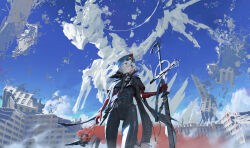 Rule 34 | 1girl, absurdres, black bodysuit, blue sky, bodysuit, building, chinese commentary, cloud, day, elbow gloves, eyewear on head, gloves, grey hair, highres, holding, holding sword, holding weapon, hood, hood up, jef wu, original, outdoors, parted lips, red gloves, ruins, short hair, sky, smoke, solo, standing, sword, weapon