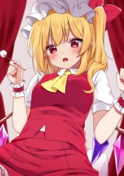 1girl, :o, absurdres, ascot, bangs, blonde hair, blurry, blurry background, blush, bow, chestnut mouth, commentary request, crystal, ear cleaning, eyebrows visible through hair, flandre scarlet, from below, hands up, hat, hat bow, heart, heart-shaped pupils, highres, holding, indoors, looking at viewer, medium hair, mimikaki, mob cap, nail polish, petticoat, puffy short sleeves, puffy sleeves, red bow, red curtains, red eyes, red nails, red skirt, red vest, shiki (s1k1xxx), shirt, short sleeves, skirt, skirt set, solo, symbol-shaped pupils, touhou, upper body, vest, white headwear, white shirt, wings, wrist cuffs, yellow neckwear