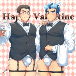 Rule 34 | 2boys, alternate costume, bara, black bow, black bowtie, black vest, blue eyes, blue fire, blue hair, blush, bow, bowtie, bridal garter, brown hair, bulge, butler, collared shirt, cup, facial scar, feet out of frame, fiery hair, fiery horns, fire, forked eyebrows, formal, hand on another&#039;s shoulder, happy valentine, highres, holding, holding cup, horns, long sideburns, looking at viewer, male focus, male underwear, motoori shiro, multiple boys, muscular, muscular male, pectorals, rimless eyewear, sakimori toji, scar, scar on cheek, scar on face, shirt, short hair, sideburns, skindentation, smile, take your pick, tepen (tptptpn), thick eyebrows, thick thighs, thigh strap, thighs, tokyo houkago summoners, undershirt, underwear, vest, white male underwear