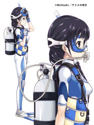 Rule 34 | 1girl, adjusting goggles, artist name, black hairband, blue bodysuit, bodysuit, brown eyes, commentary, diving mask, diving mask on head, diving suit, flippers, from side, full body, goggles, goggles on head, hairband, highres, hose, light smile, long hair, mouth hold, original, ponytail, scuba gear, scuba tank, snorkel, temisu no nageki, thigh gap, wetsuit, white bodysuit, zoom layer