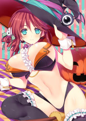 Rule 34 | 1girl, blue eyes, breasts, halloween, hat, highres, huge breasts, looking at viewer, original, red hair, revealing clothes, smile, solo, tamiya akito, thighhighs, witch hat, wrist cuffs