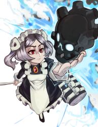 Rule 34 | 1girl, :&gt;=, absurdres, apron, bloody marie (skullgirls), brooch, dress, energy, frilled apron, frilled dress, frills, from above, frown, full body, grey hair, hair ornament, highres, jewelry, maid headdress, mary janes, moxydraws, outstretched arm, pantyhose, red eyes, shoes, skull hair ornament, skull heart, skullgirls, solo, twintails