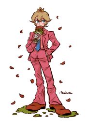 Rule 34 | 1girl, alternate costume, alternate hair length, alternate hairstyle, blonde hair, blue eyes, blue necktie, brown footwear, closed mouth, commentary, crown, english commentary, flower, formal, full body, gloves, hand in pocket, holding, holding flower, jacket, long sleeves, mario (series), milsae, necktie, nintendo, pants, pink jacket, pink pants, pink suit, princess peach, red flower, shoes, short hair, signature, simple background, smile, solo, standing, suit, suit jacket, white background, white gloves