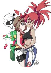 Rule 34 | 00s, 2girls, asymmetrical docking, bad id, bad tumblr id, bigdead, bike shorts, blue eyes, blush, breast press, breasts, brown hair, creatures (company), dark-skinned female, dark skin, eye contact, flannery (pokemon), front-tie top, game freak, gen 3 pokemon, gym leader, half-closed eyes, high ponytail, highres, holding hands, interlocked fingers, looking at another, may (pokemon), midriff, multiple girls, nintendo, npc trainer, pokemon, pokemon (creature), pokemon rse, red eyes, red hair, small breasts, split ponytail, tan, tissue box, treecko, yuri