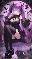 Rule 34 | 1girl, alternate costume, aria (ariacue), bat (animal), bibi (tokoyami towa), black bow, black dress, black footwear, black nails, black panties, black ribbon, black sleeves, black thighhighs, blush, bow, breasts, cleavage, cleavage cutout, closed mouth, clothing cutout, colored inner hair, demon girl, demon tail, detached sleeves, dress, ear piercing, frilled dress, frilled sleeves, frills, full body, green eyes, hair bow, hair ornament, hairclip, highres, hololive, lace, lace-trimmed legwear, lace trim, long hair, looking at viewer, medium breasts, moon, multicolored hair, panties, piercing, pink hair, purple hair, ribbon, smile, solo, streaked hair, tail, tail ornament, tail piercing, thighhighs, thighs, tokoyami towa, twintails, underwear, virtual youtuber