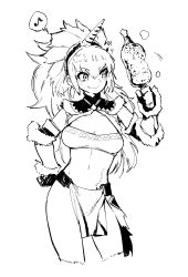 Rule 34 | 1girl, armor, breasts, cleavage, elbow gloves, food, fur trim, gloves, greyscale, hair ornament, hair ribbon, hairband, highres, horns, kirin (armor), large breasts, long hair, looking at viewer, meat, midriff, monochrome, monster hunter (series), navel, nikukaiq, ribbon, simple background, single horn, smile, solo, thighhighs